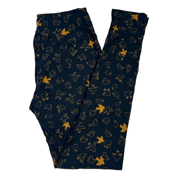 LuLaRoe DOVES BIRDS Dark Navy Blue Yellow Gold Leggings One Size OS LLR NEW - Picture 1 of 6